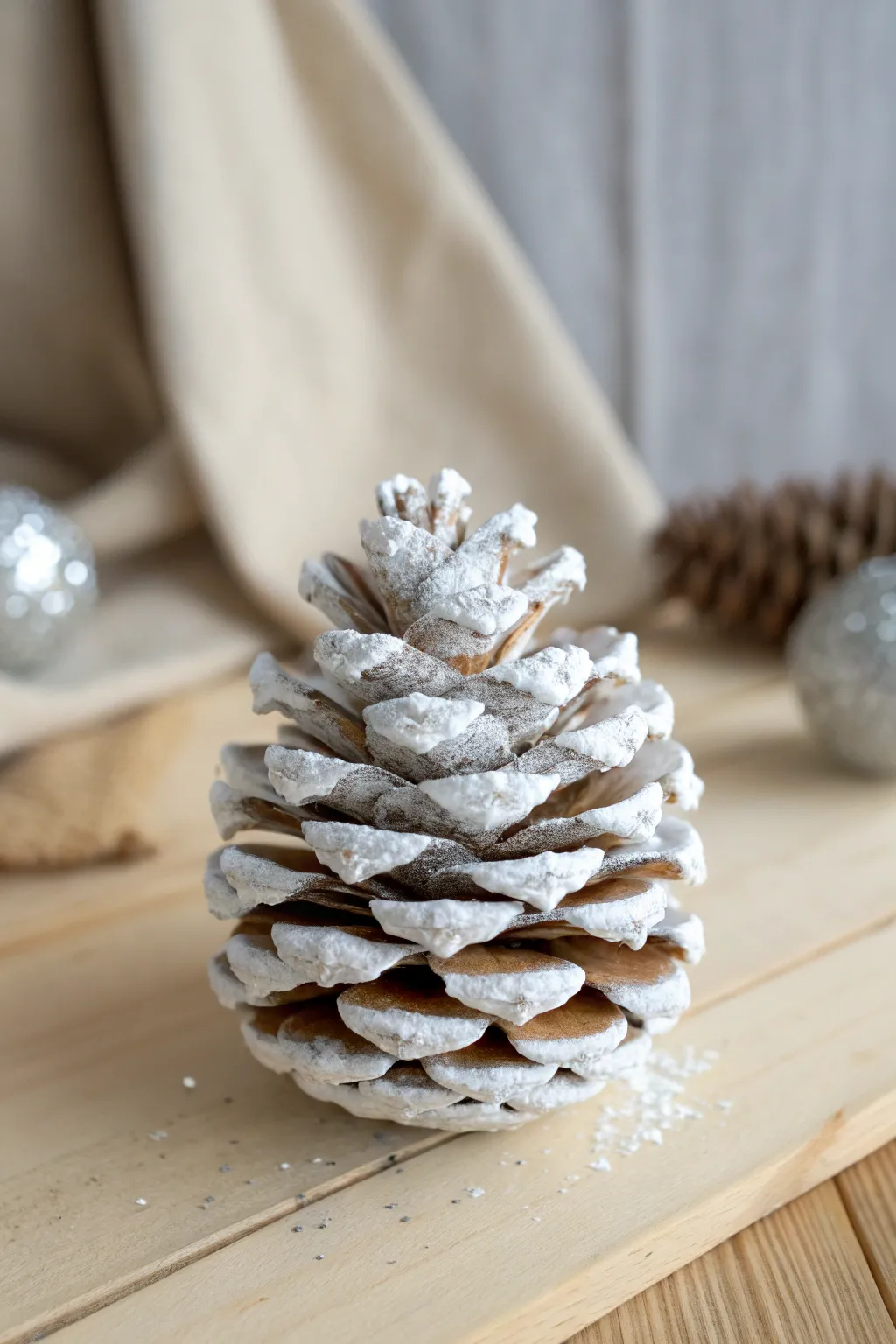 Embrace winter's charm with this snowy pine cone centerpiece, a perfect blend of simplicity and sparkle.