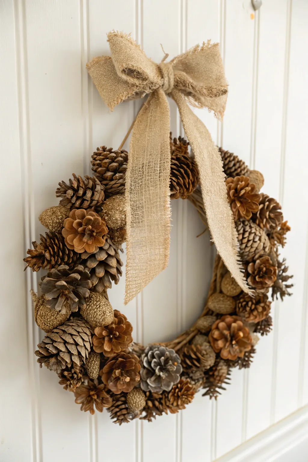 Embrace rustic elegance with a burlap and pinecone wreath, perfect for adding a touch of countryside chic to your home decor.