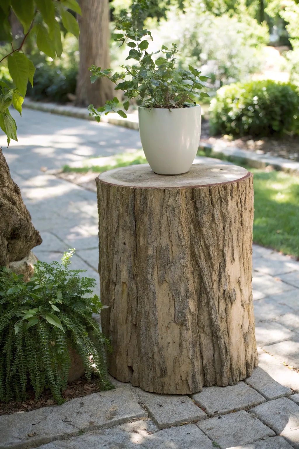 Elevate your garden style with a charming tree stump plant stand!