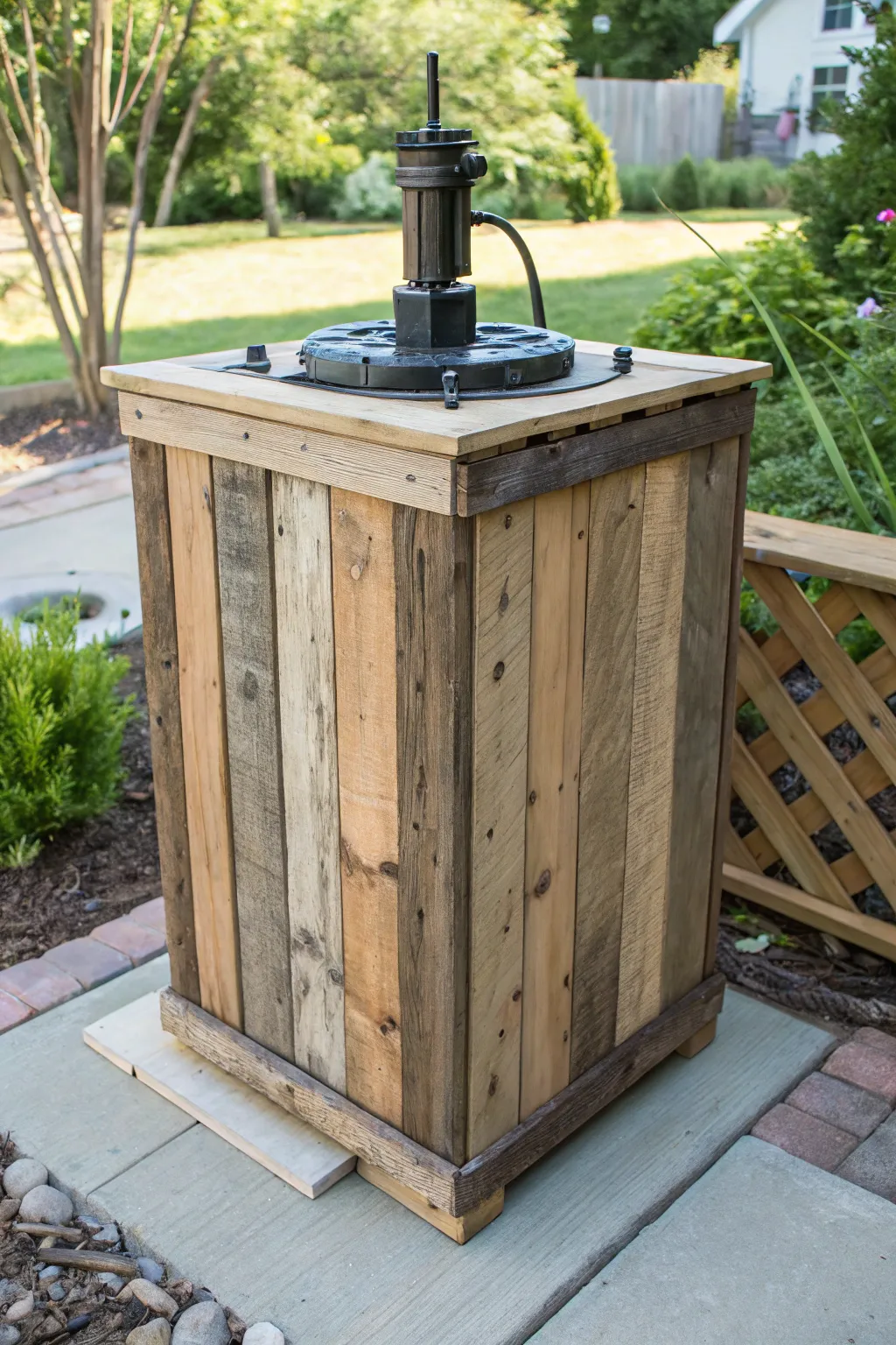 Transform your pool area with a stylish, eco-friendly pump cover crafted from reclaimed wood. #Craftsmanship #EcoFriendly