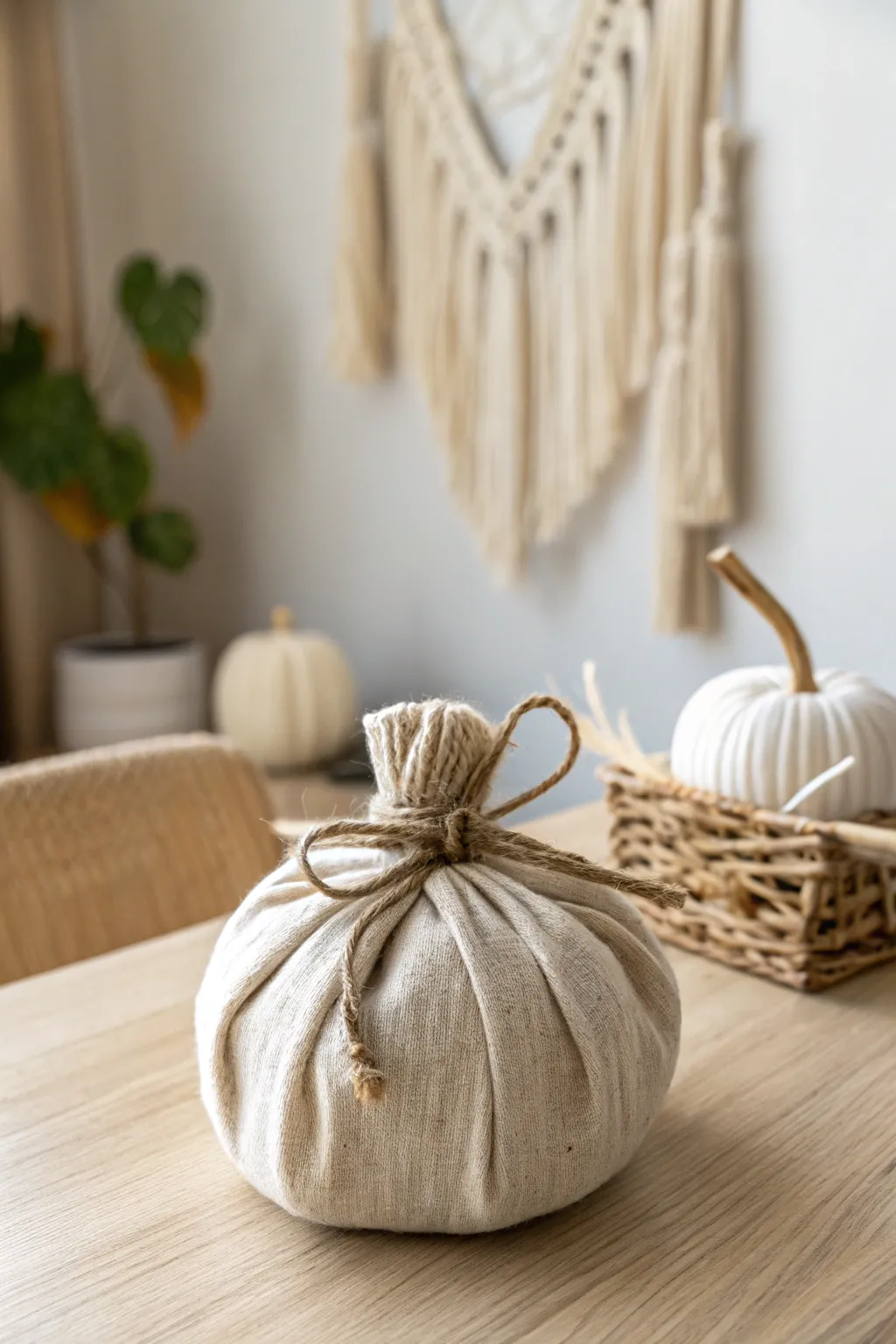 Embrace the art of simplicity with a rustic fabric pumpkin centerpiece, perfect for a cozy, minimalist home.