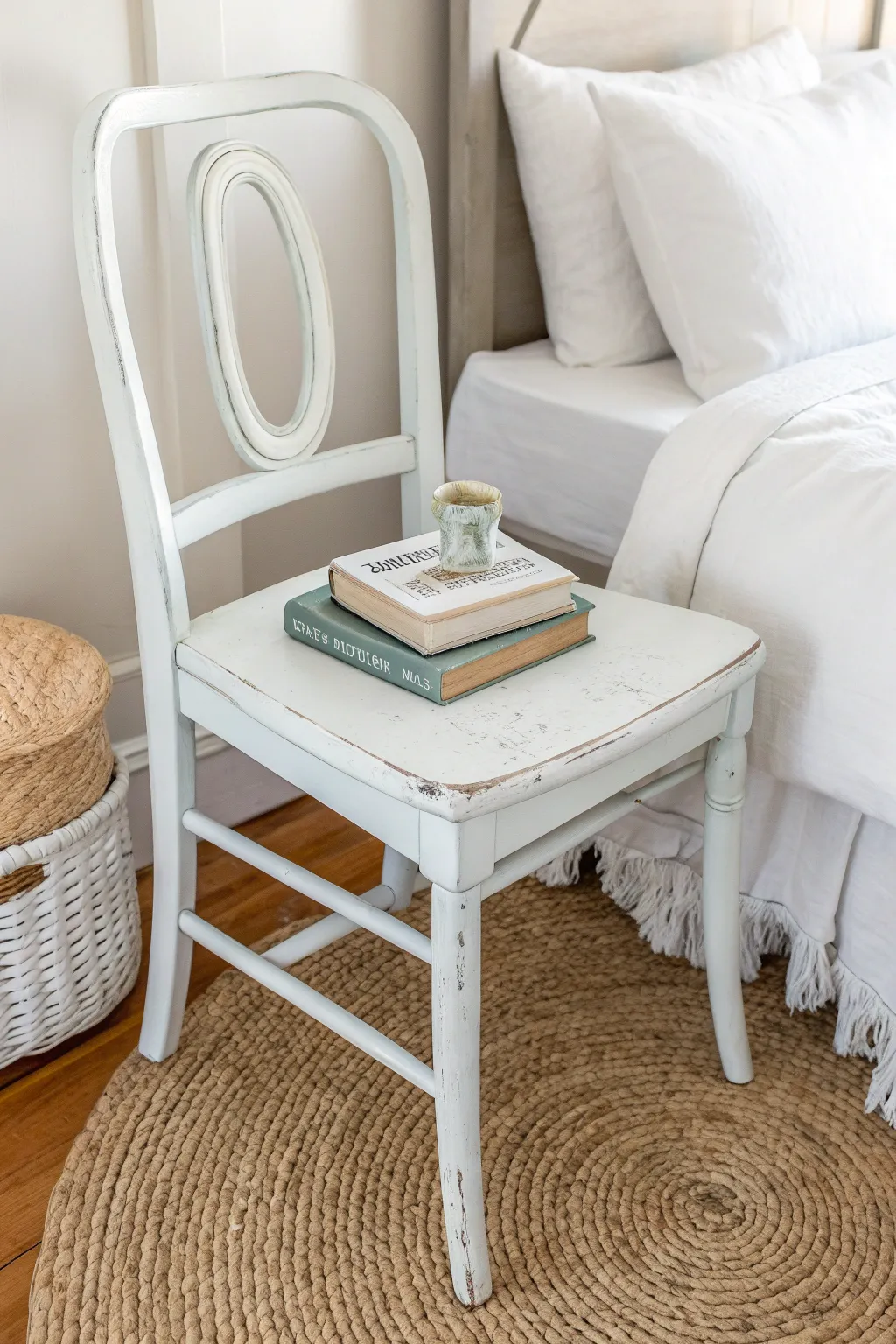 Transform an old bistro chair into a chic nightstand! Embrace simplicity and style with this Scandinavian-inspired DIY project. 🌿✨ #RepurposedCharm