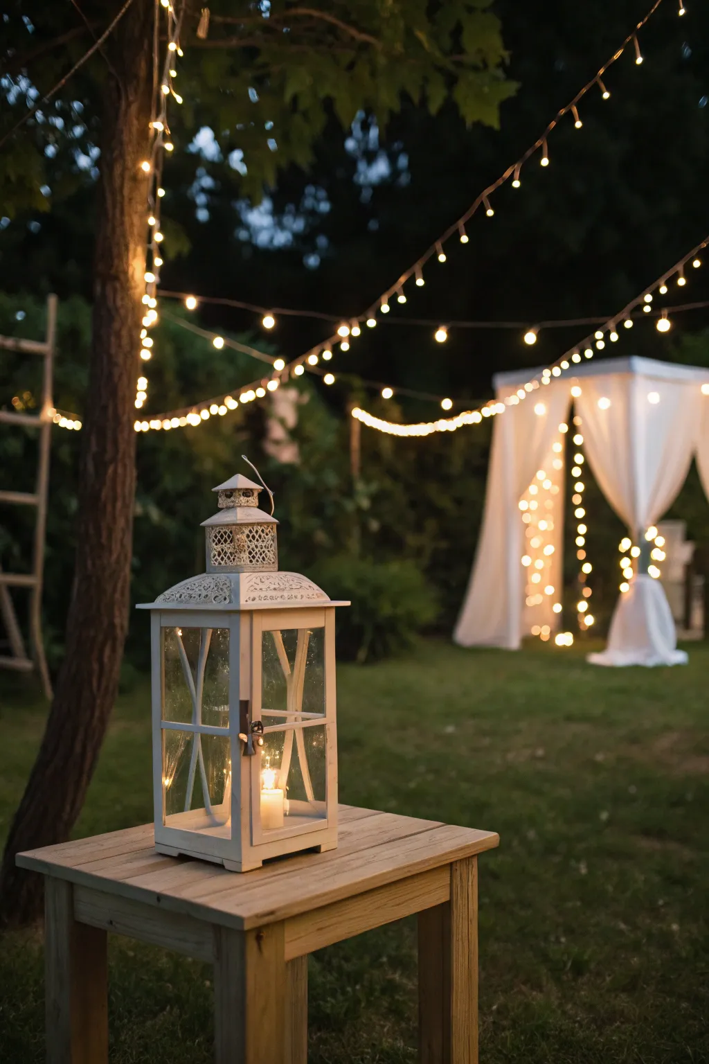 Transform your backyard into a magical oasis with the warm glow of rustic lanterns and enchanting string lights.