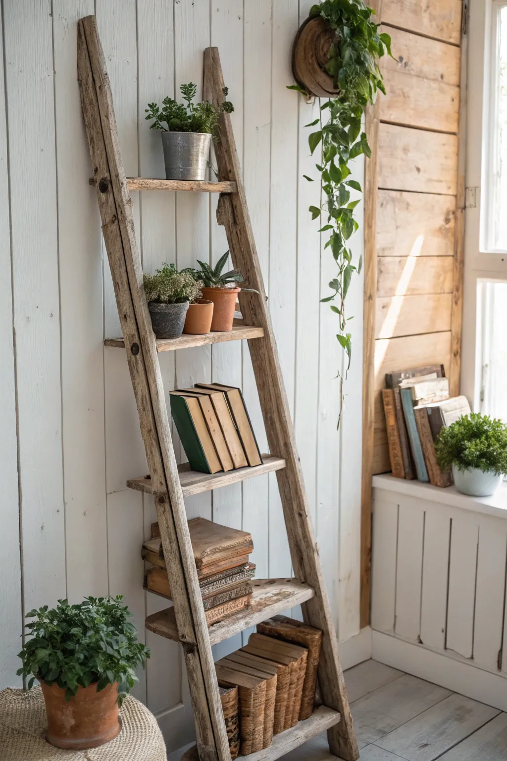 Transform your space with a rustic touch: an antique ladder turned charming bookshelf.