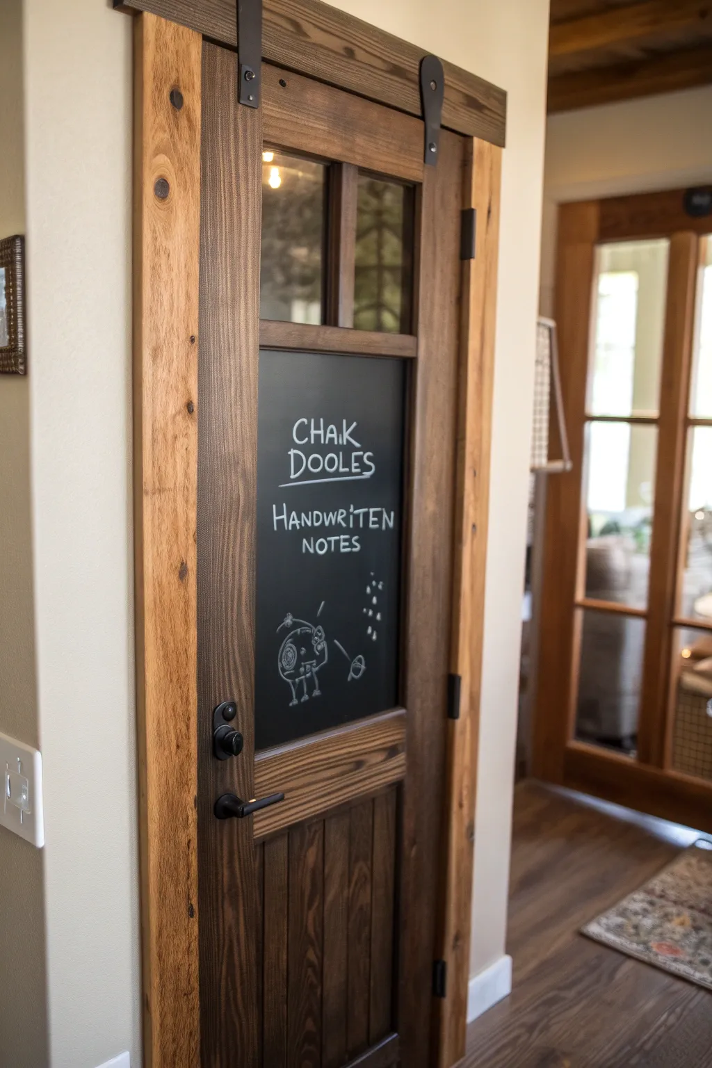 Craft your conversations with a charming chalkboard screen door.