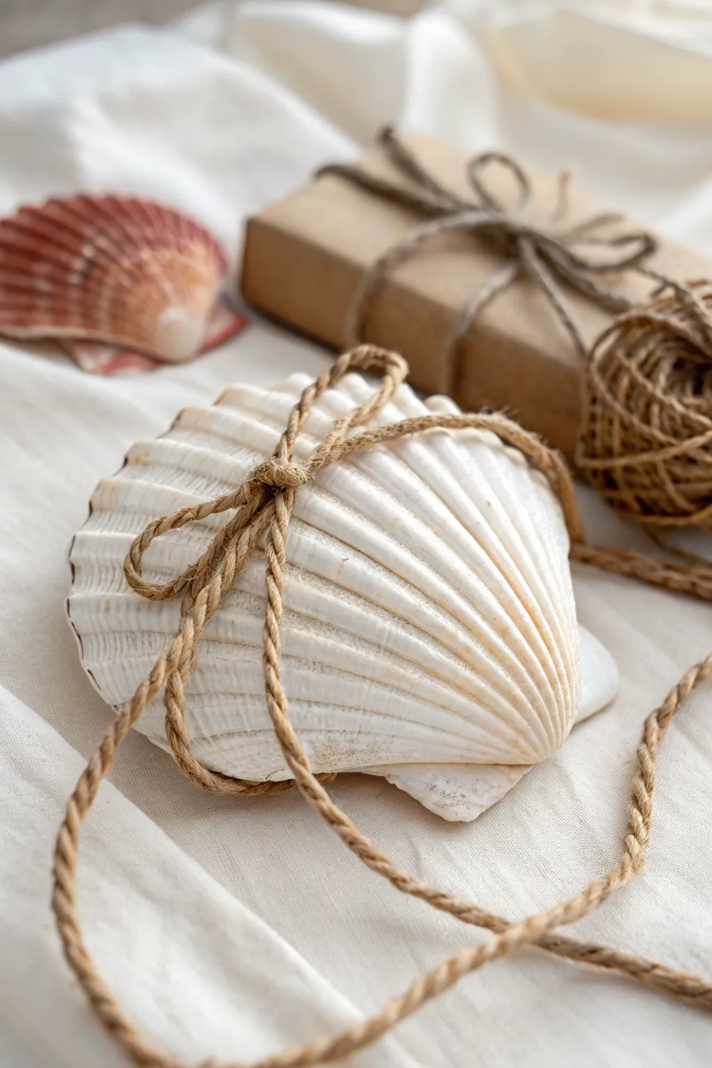 Embrace the beauty of simplicity with rustic twine-wrapped seashells, perfect for adding a touch of nature to your holiday decor.