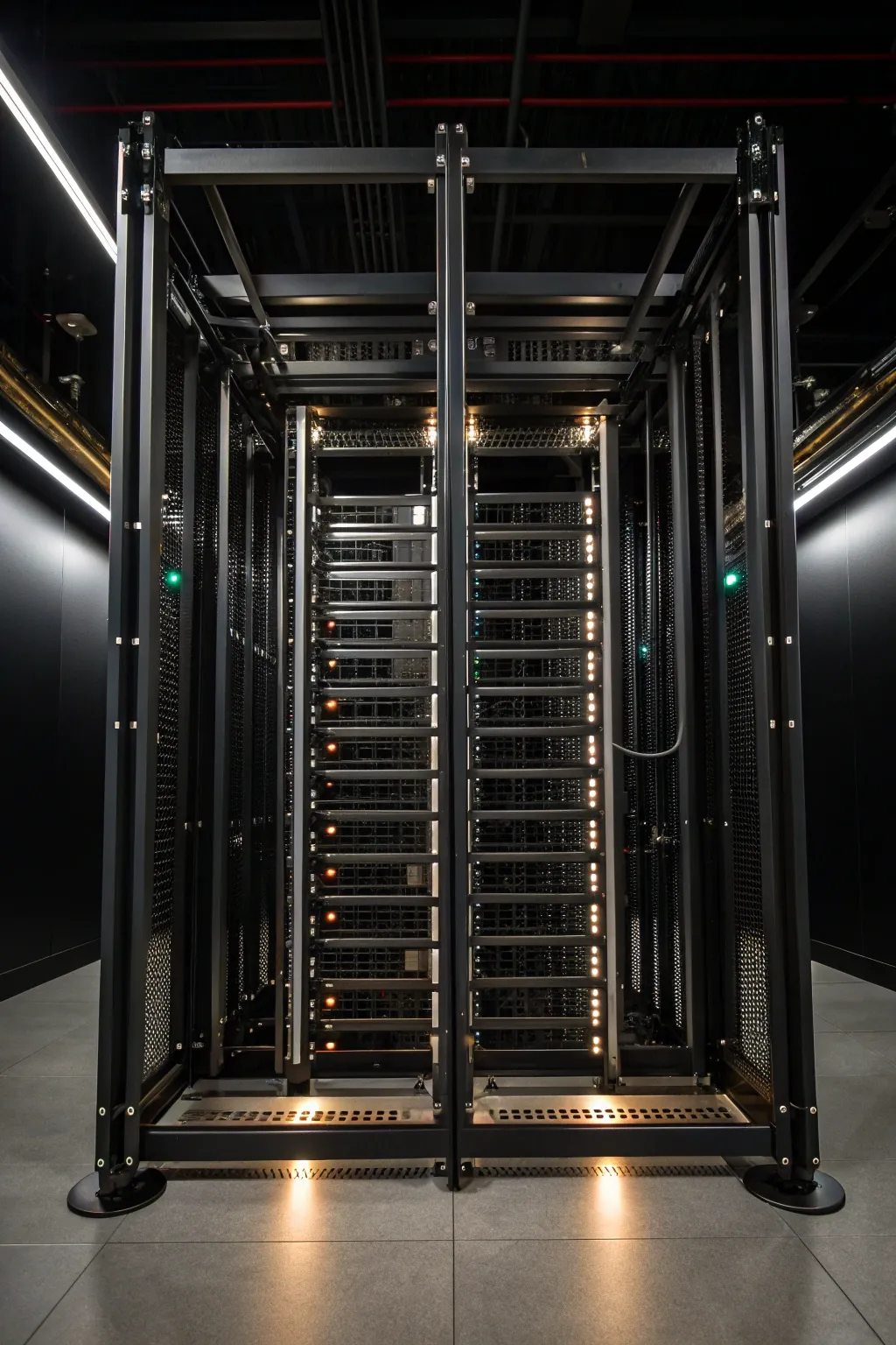 Industrial elegance meets functionality: A handcrafted server rack made of sleek metal pipes.
