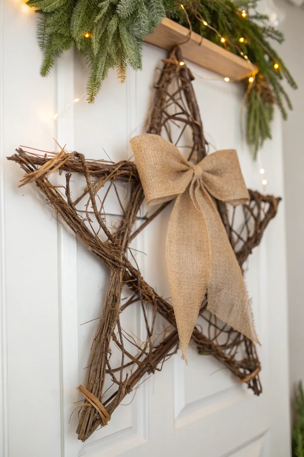 Embrace cozy elegance with a burlap bow star wreath, perfect for adding a touch of rustic charm to your home decor.