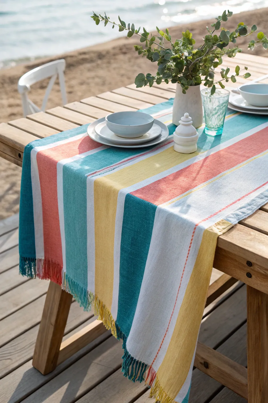 Add a splash of summer to your table with a beach towel cover – perfect for lively gatherings and sunlit afternoons!