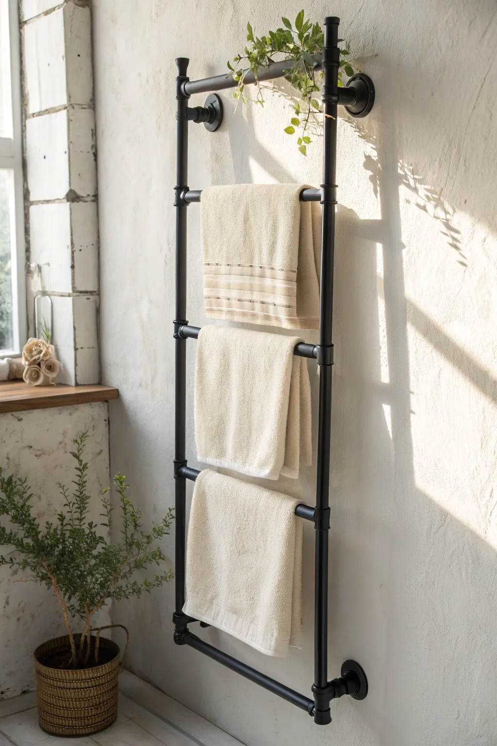 Elevate your small bathroom with a chic industrial pipe towel rack—where minimalist design meets functional artistry.