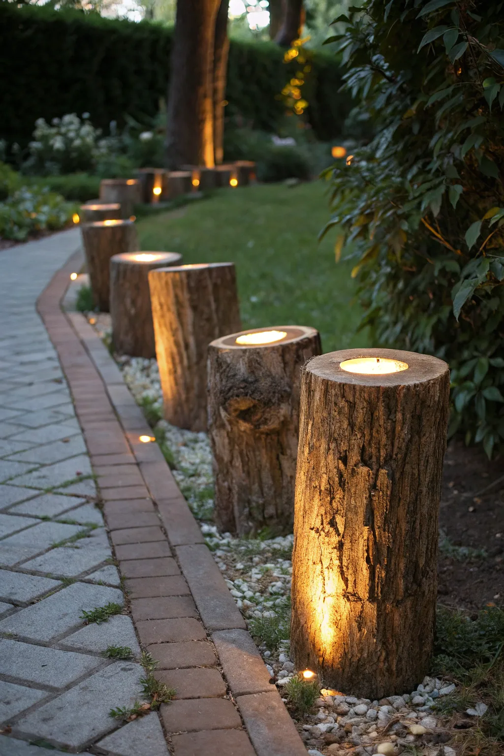 Step into a crafted wonderland with glowing stump lights illuminating your garden path.
