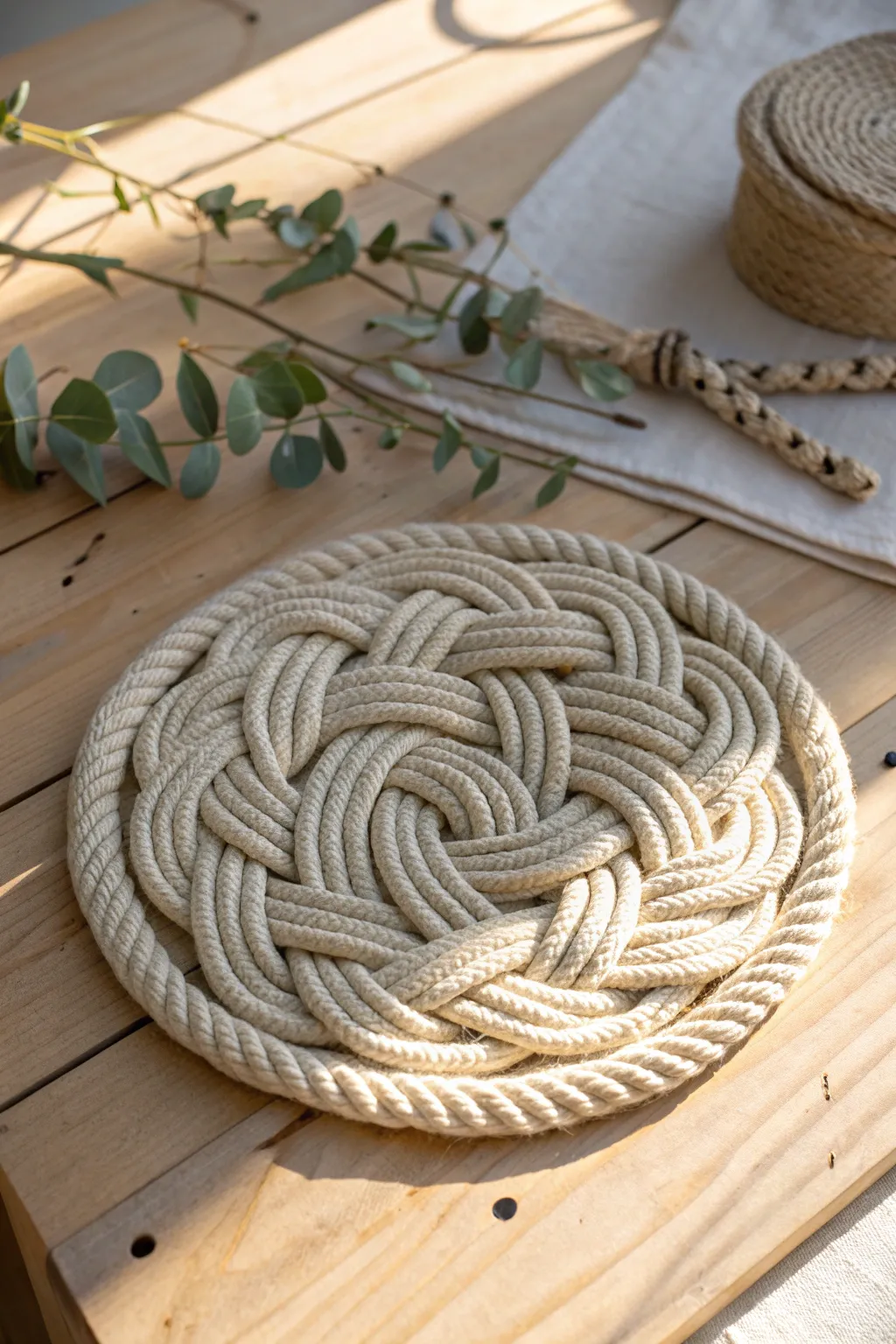 Elevate your table setting with this charming nautical-inspired rope trivet. Perfect for adding a touch of coastal elegance to your home.
