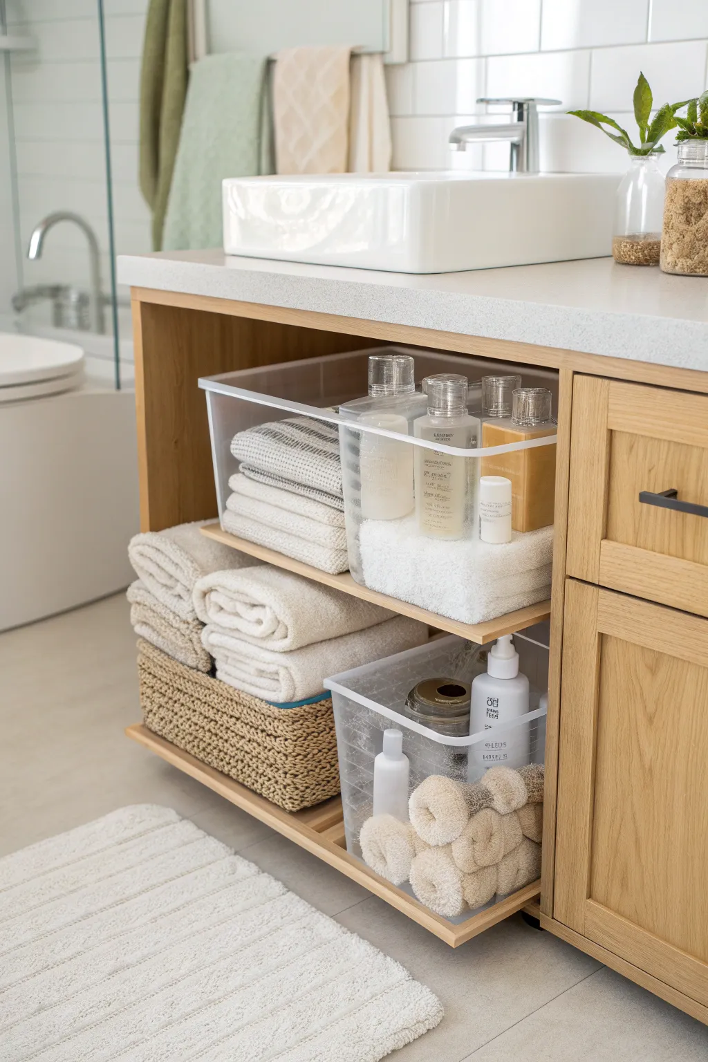 Embrace simplicity and elegance with clear bins for your bathroom storage – see everything at a glance and enjoy effortless organization!