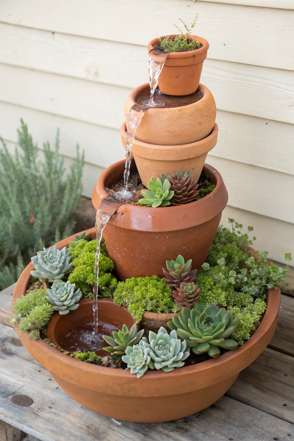 Create a serene succulent oasis with this DIY terracotta pot water fountain, perfect for adding a touch of minimalist elegance to your garden.