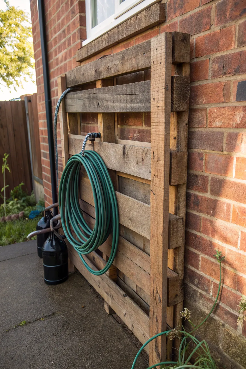 Transform your garden space with a rustic pallet hose rack – simplicity meets functionality.