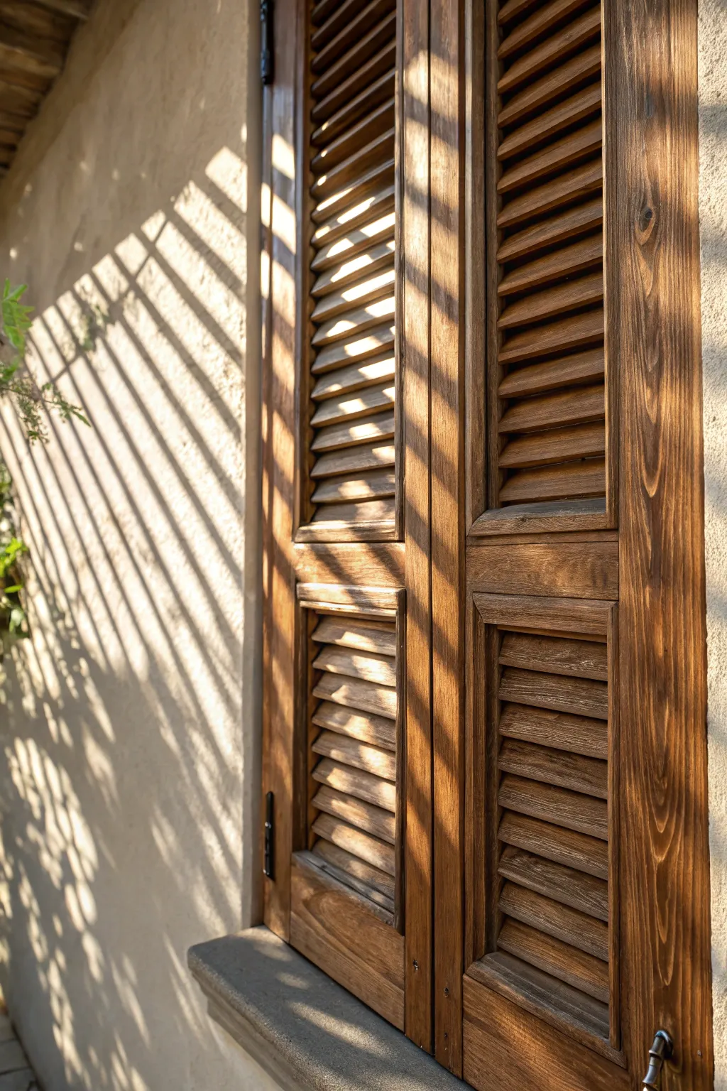 Transform your facade with the captivating play of light and shadow offered by handcrafted louvered shutters.