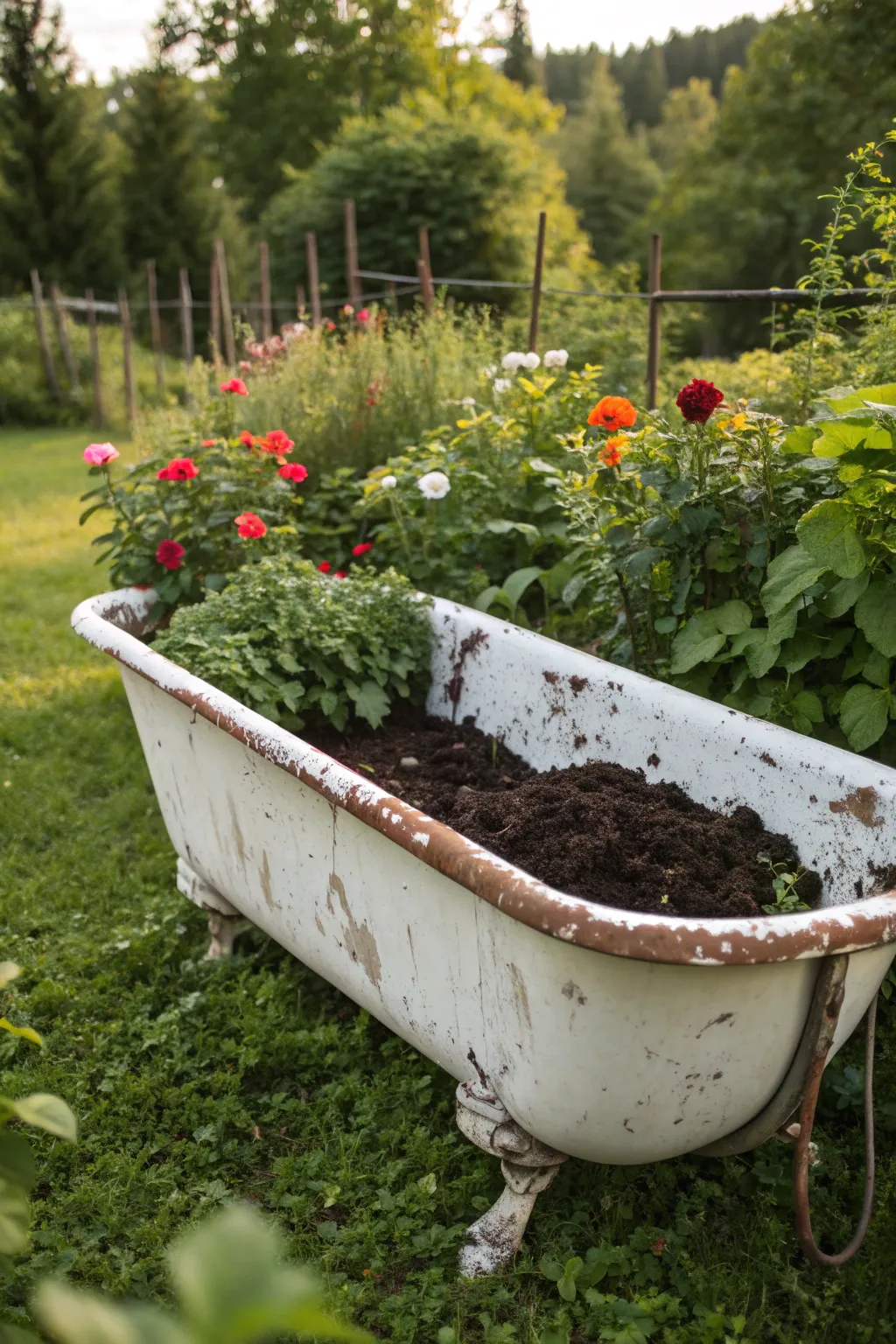 Transform your garden with a vintage twist—an old bathtub reimagined as a charming worm bin.
