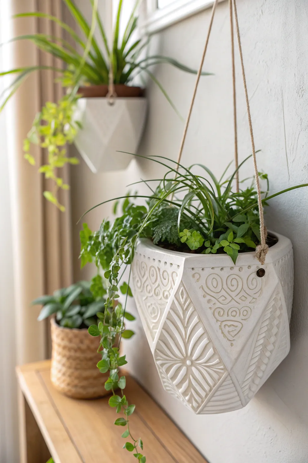 Transform your walls into a stunning plant gallery with geometric planters that blend Scandinavian simplicity with boho charm. 🌿✨