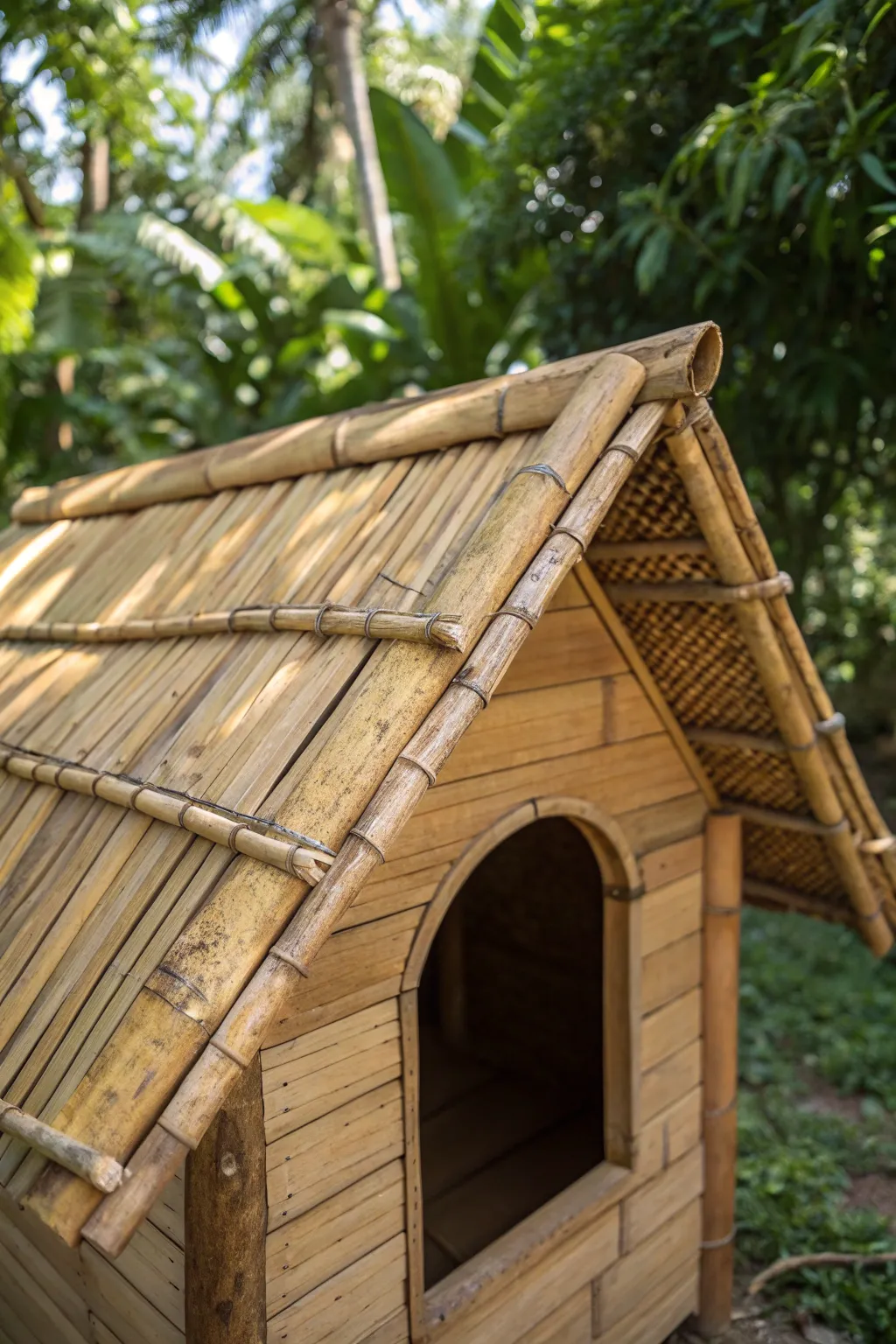 Elevate your dog's home with an exotic touch: sustainable bamboo roofing for a stylish and eco-friendly dog house.