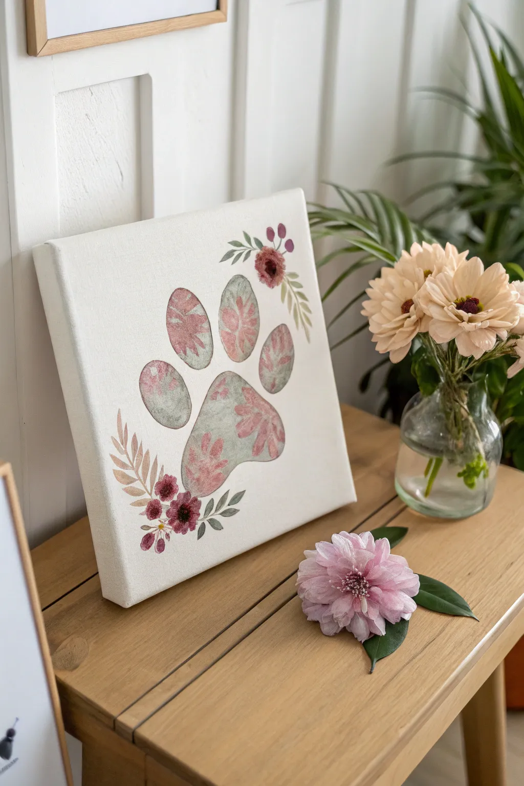 Craft a whimsical floral paw print masterpiece that blends simplicity with natural beauty. Perfect for those who cherish minimalist elegance.