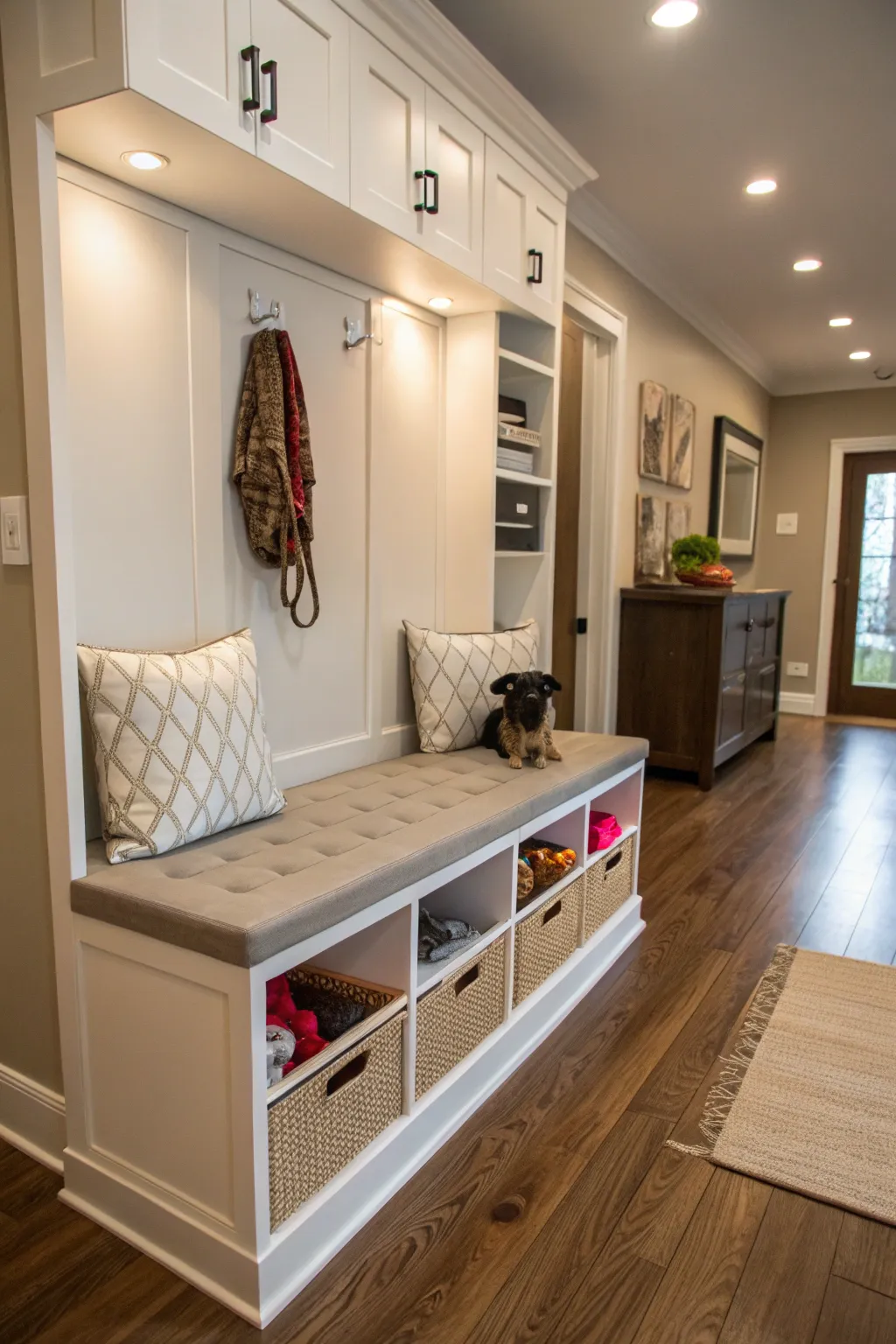 A functional bench with hidden storage for dog supplies, ideal for any hallway.