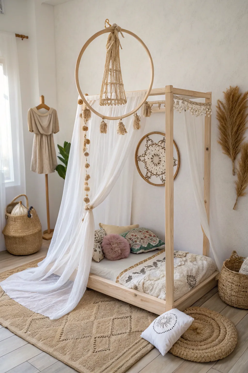 Dreamy Boho Retreat: A Scandinavian-inspired canopy bed for dolls.