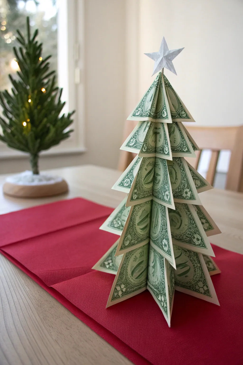 Add a festive flair to your decor with a dollar bill origami tree on a vibrant red base.