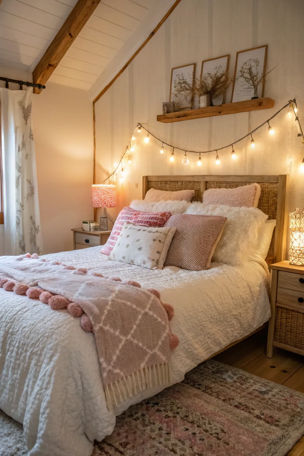 Plush bedding and soft cushions create a cozy and inviting bedroom atmosphere.