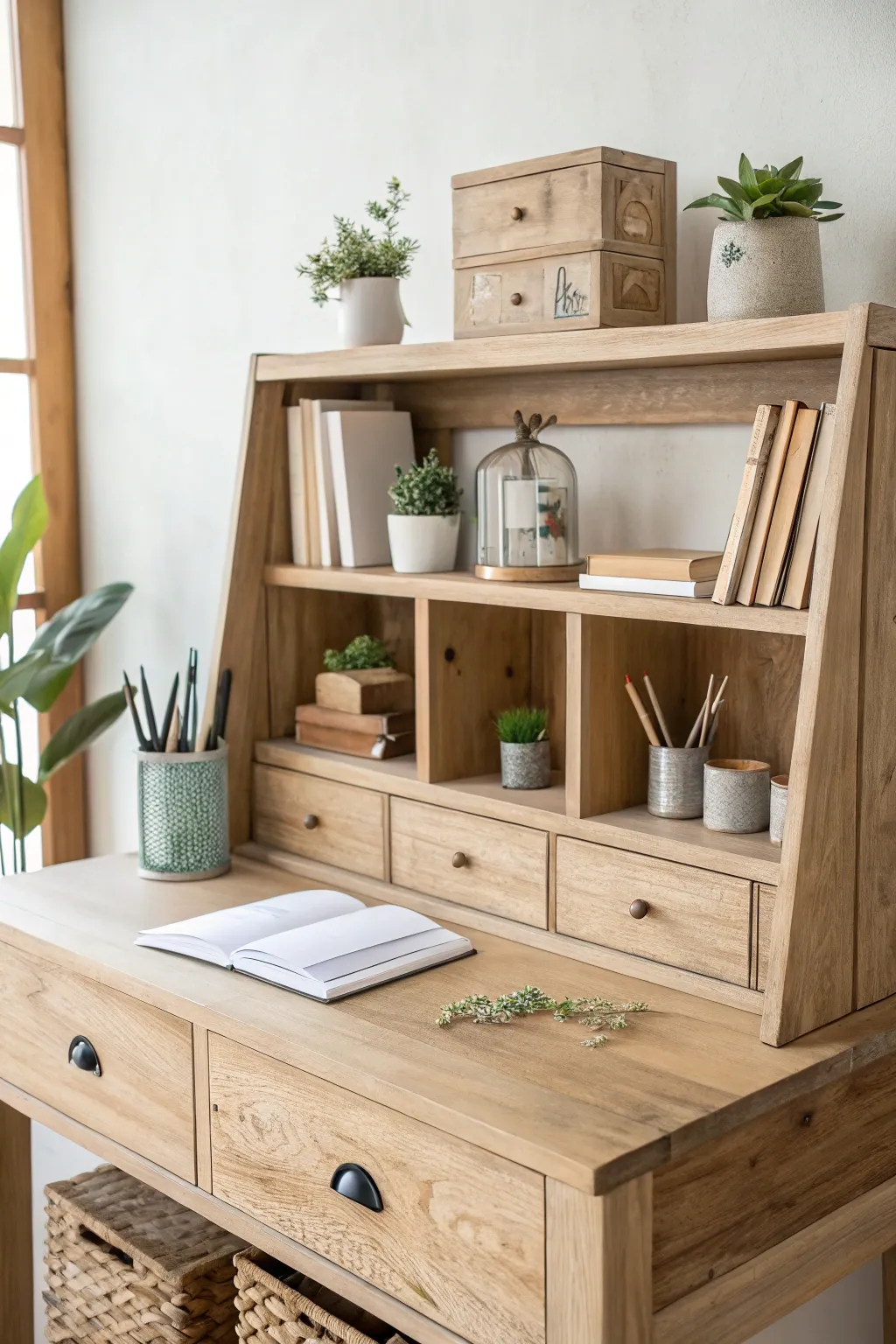 Elevate your study space with a chic, handcrafted desk hutch that marries function with rustic elegance.