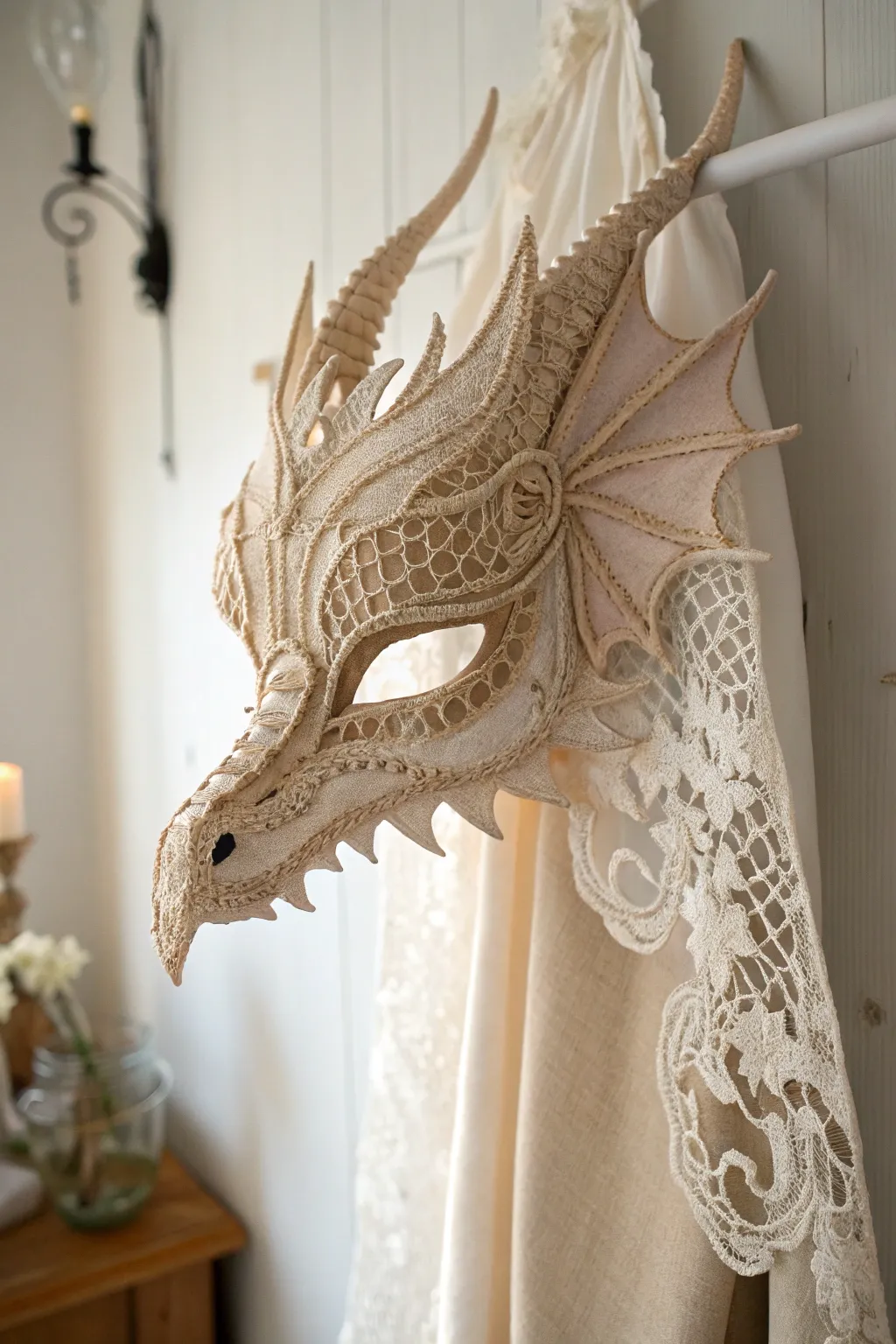 Embrace elegance with this enchanting fabric and lace dragon mask, a perfect blend of minimalism and boho charm.