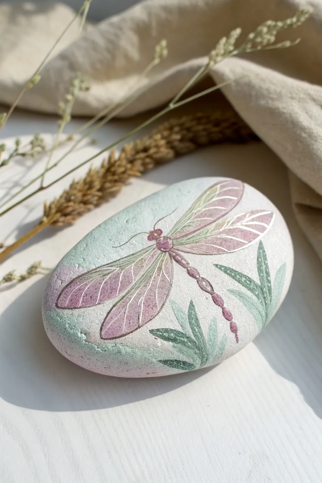 Embrace serene elegance with pastel dragonfly art on natural stone.