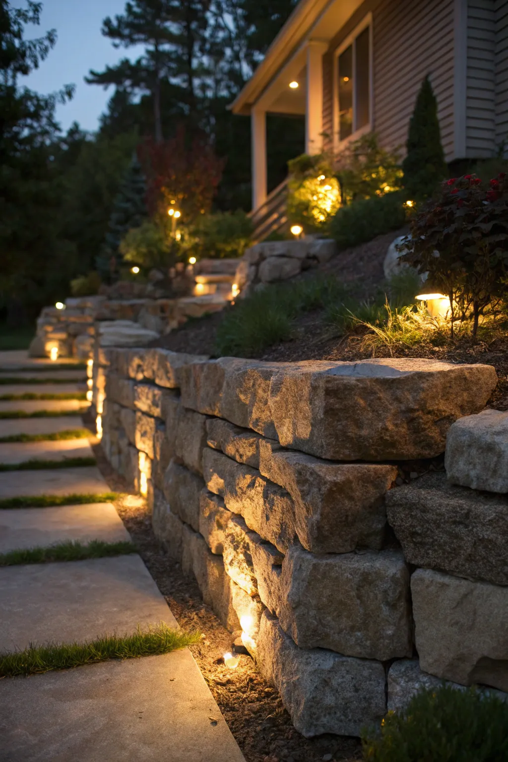 Transform your garden with the rustic elegance of a well-lit dry stack stone wall.
