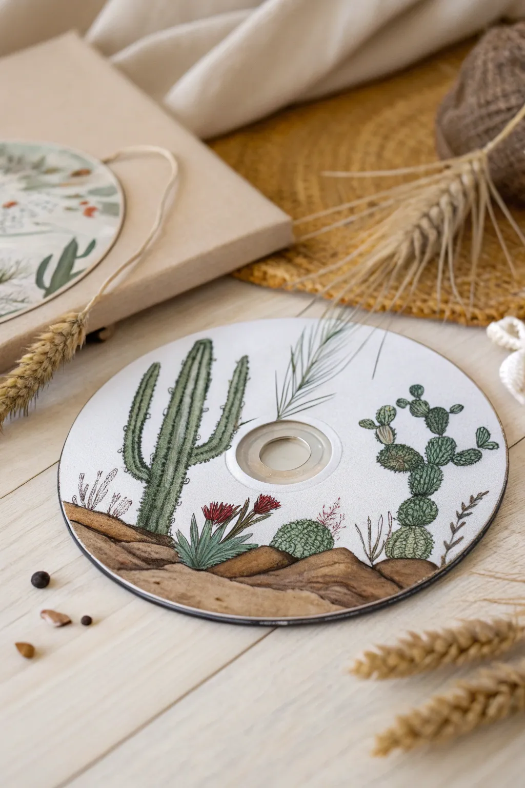 Bring the desert indoors with this minimalist cactus garden painted on a DVD, a perfect blend of Scandinavian simplicity and bohemian charm.