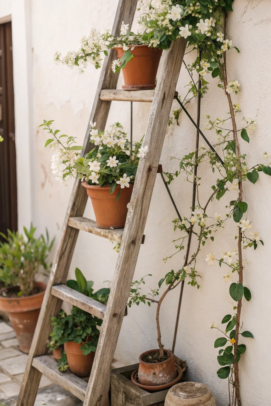 Ladder of Love: Transform a simple wooden ladder into a charming trellis for your garden sanctuary.