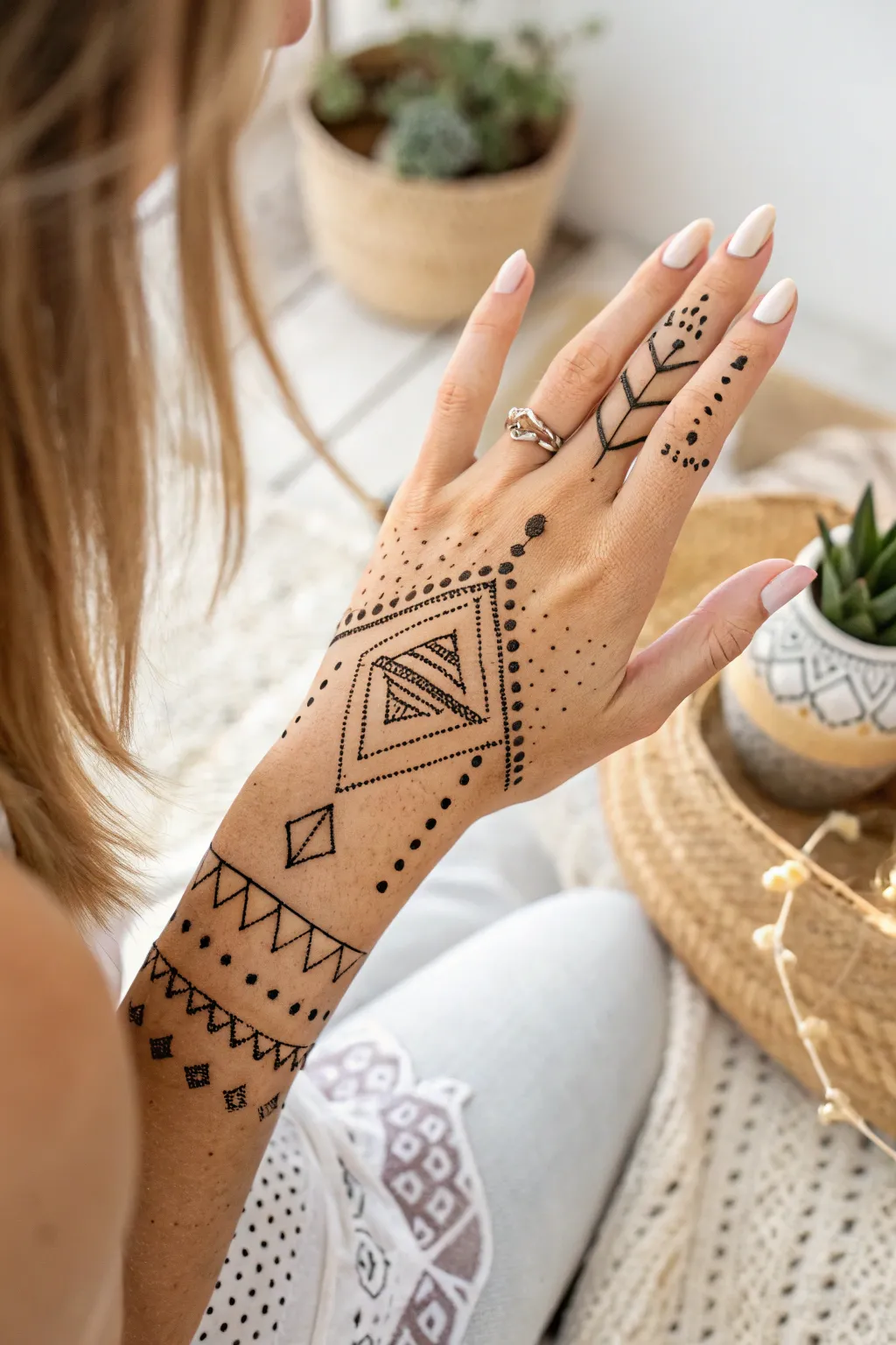 Embrace modern elegance with bold geometric skin art, where simplicity meets style.
