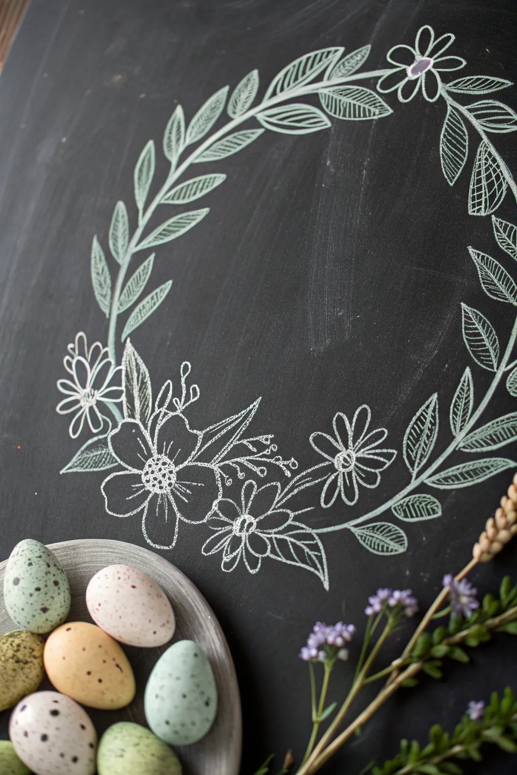 Embrace the charm of simplicity with a rustic chalk art Easter wreath, perfect for adding a natural touch to your decor.