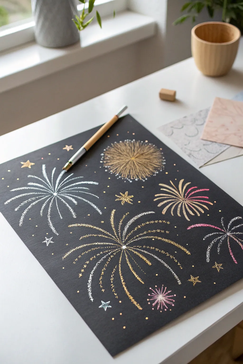 Spark joy with glitter glue fireworks – a simple craft for endless toddler smiles!