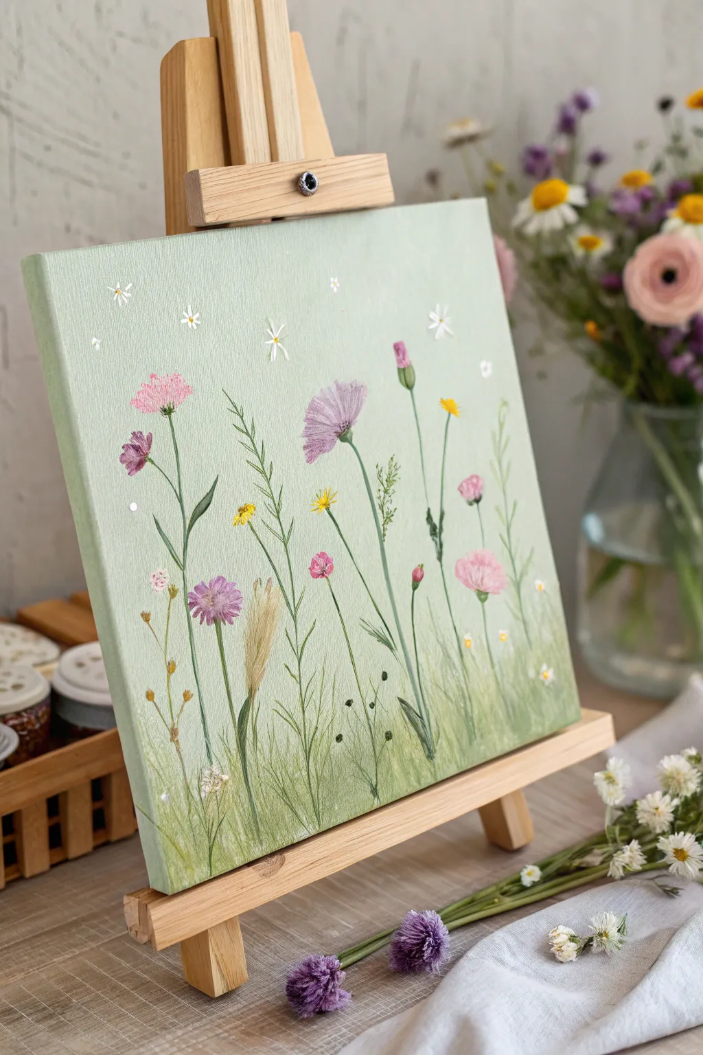 Capture the essence of a serene wildflower meadow with this simple yet charming floral painting—perfect for adding a touch of natural beauty to your home.