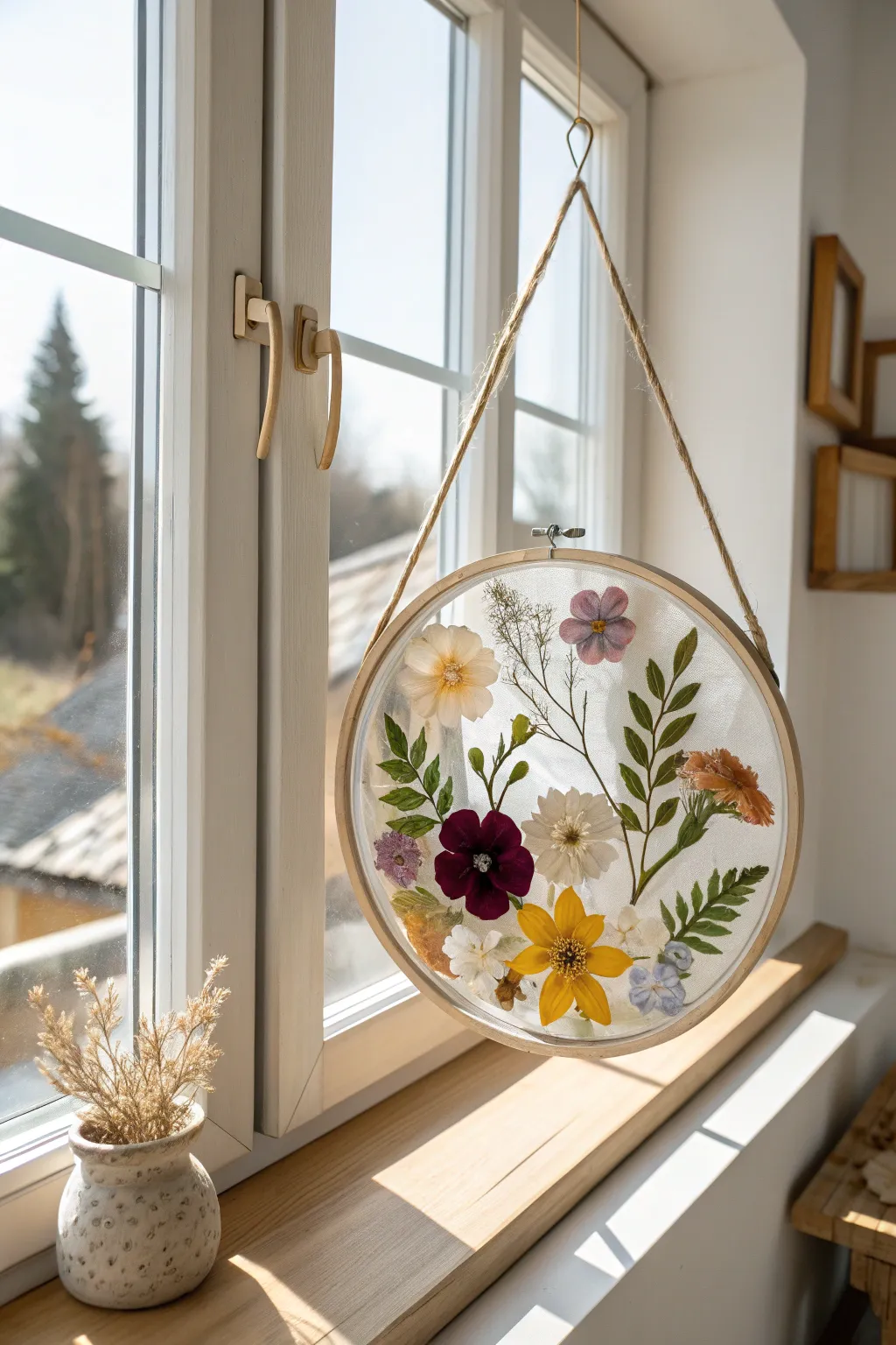 Bring the beauty of nature into your home with these charming pressed flower suncatchers, perfect for a sunny window this Mother's Day.