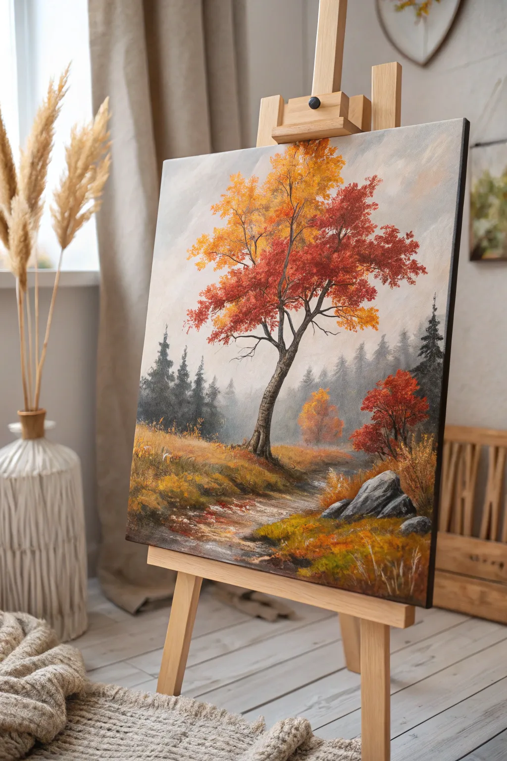 Bring the beauty of seasonal forests into your home with this vibrant yet minimalist painting.