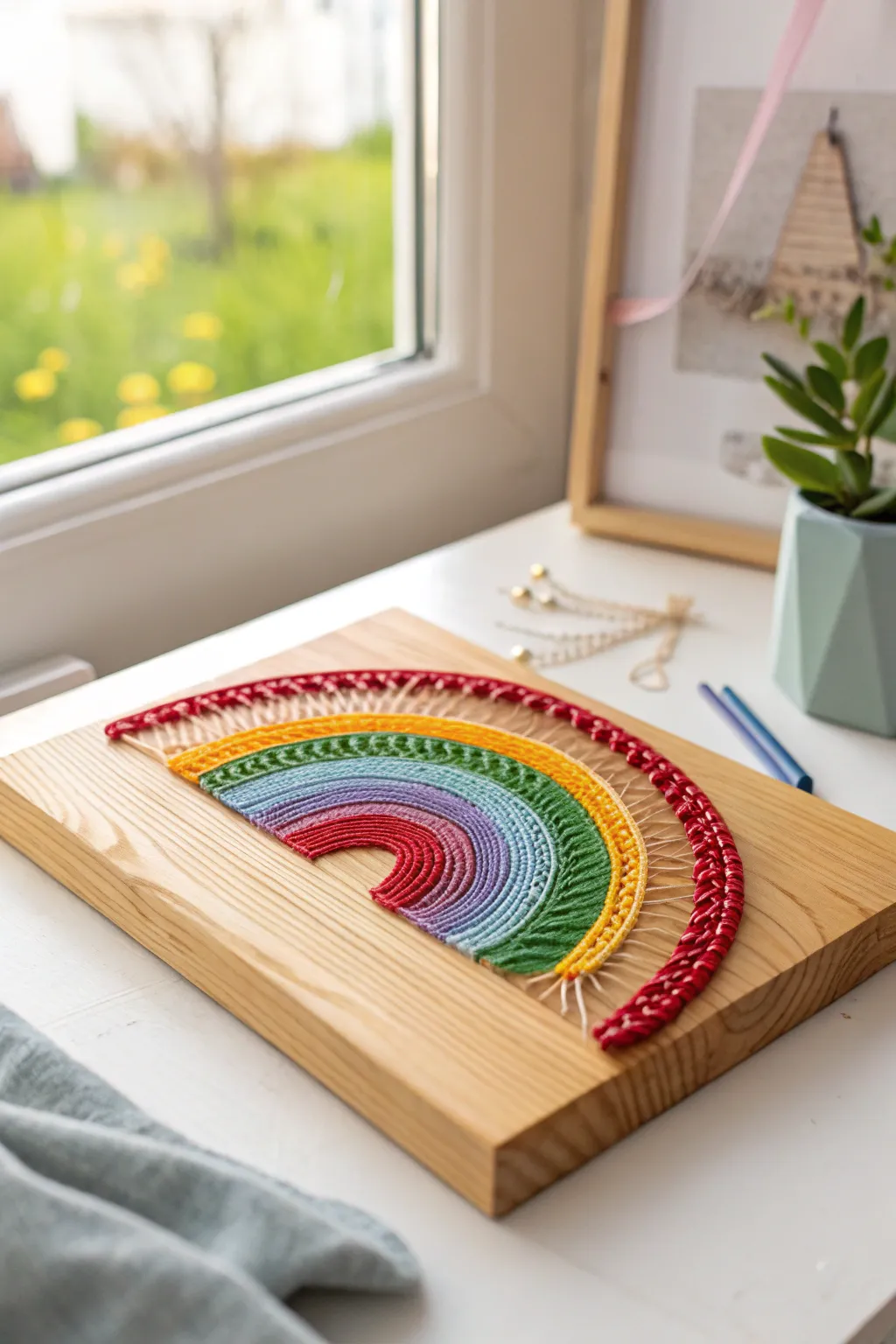 Illuminate your space with the radiant beauty of minimalist rainbow string art.