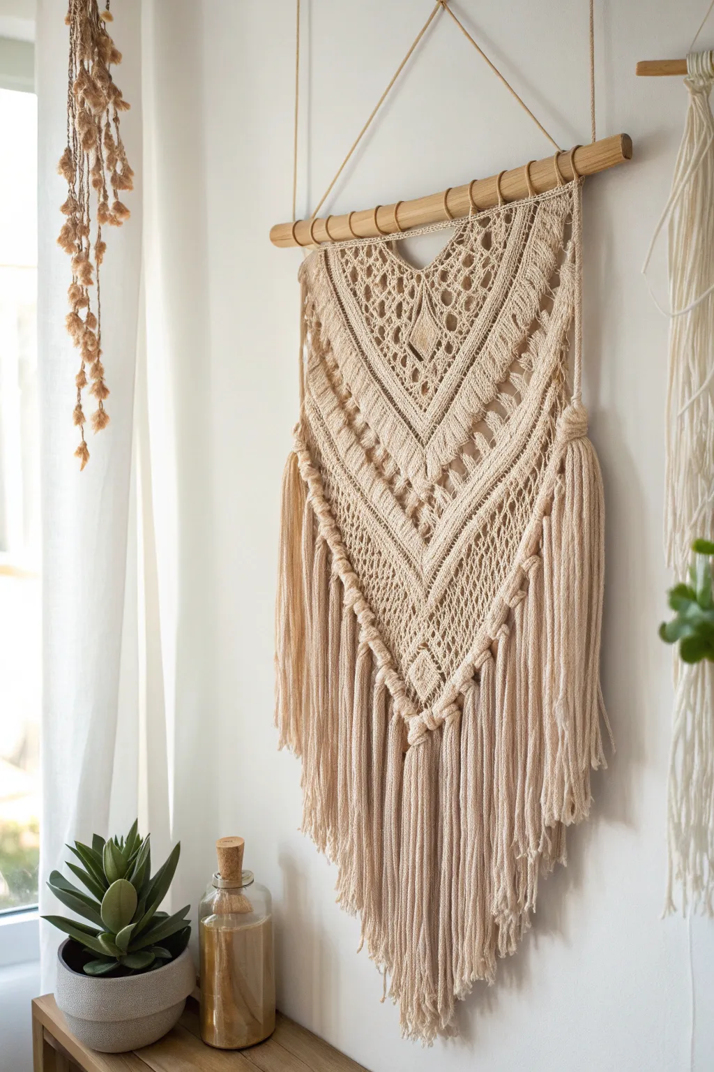 Add a touch of boho charm to your space with this elegant crochet wall hanging, perfect for those who love simplicity with a hint of natural flair.