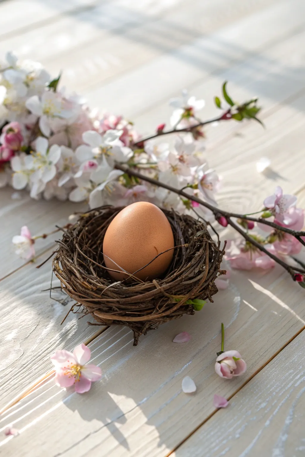 Embrace the seasons with minimalist elegance: a crafted egg nestled among spring blooms.