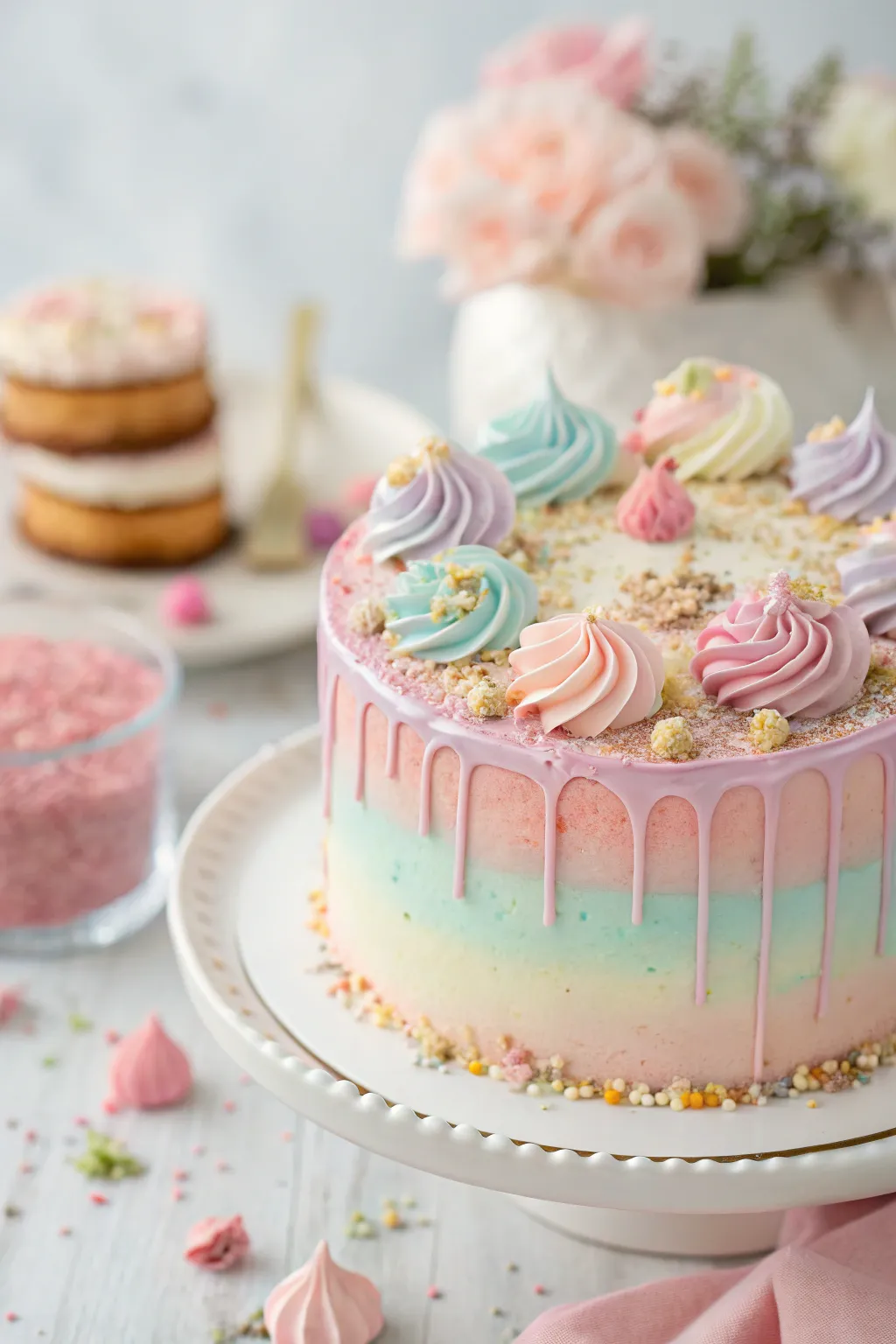 A cake in pastel hues, exuding a serene and elegant feel.