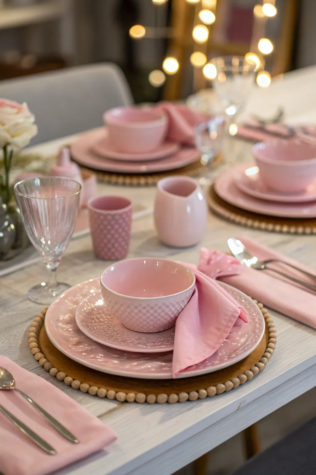 Pink dinnerware and napkins create a harmonious look.