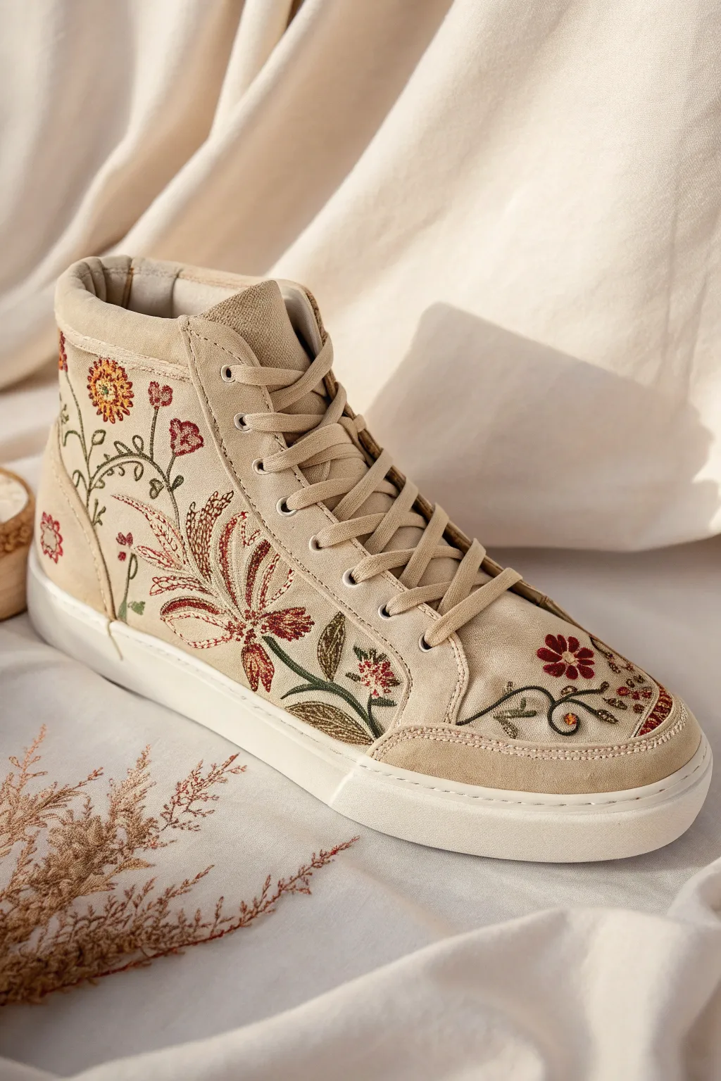 Elevate your style with embroidered high-tops that blend minimalist elegance with Boho flair.