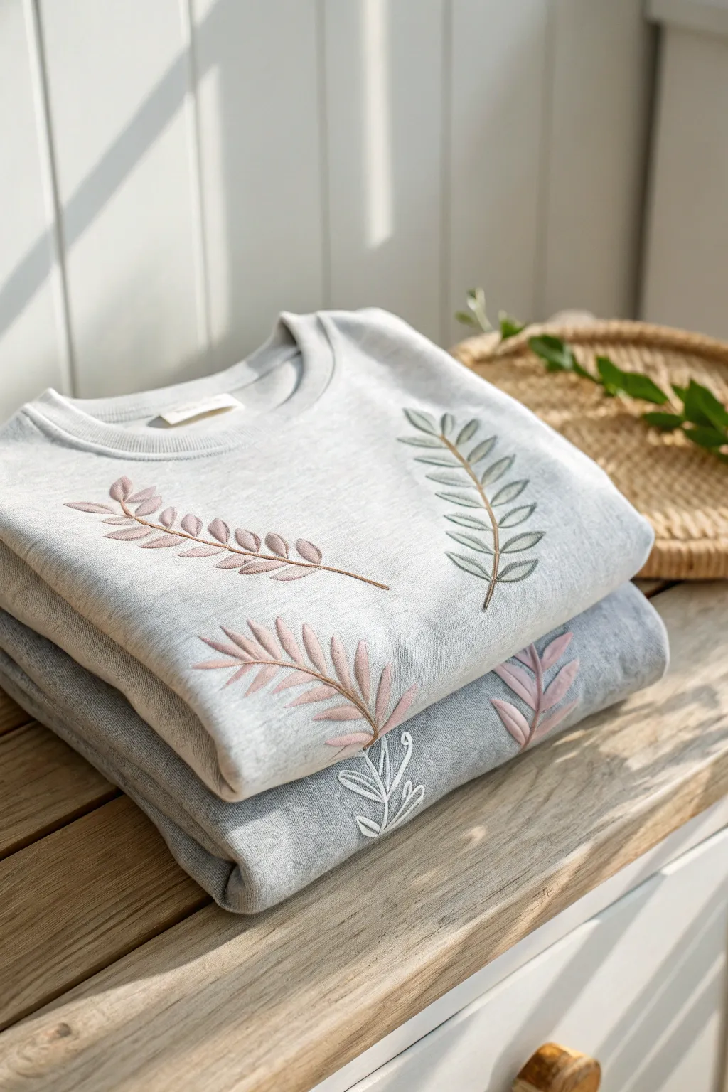Add a touch of serenity to your wardrobe with pastel leaf embroidery.