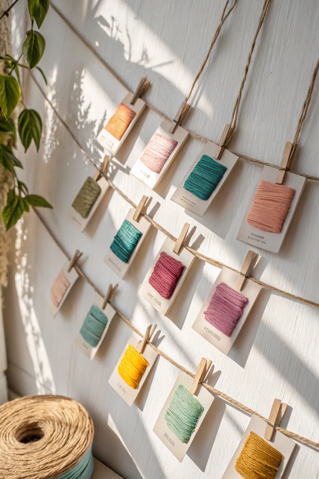 Transform your wall into a vibrant tapestry of colors with a simple string and bobbin cards.
