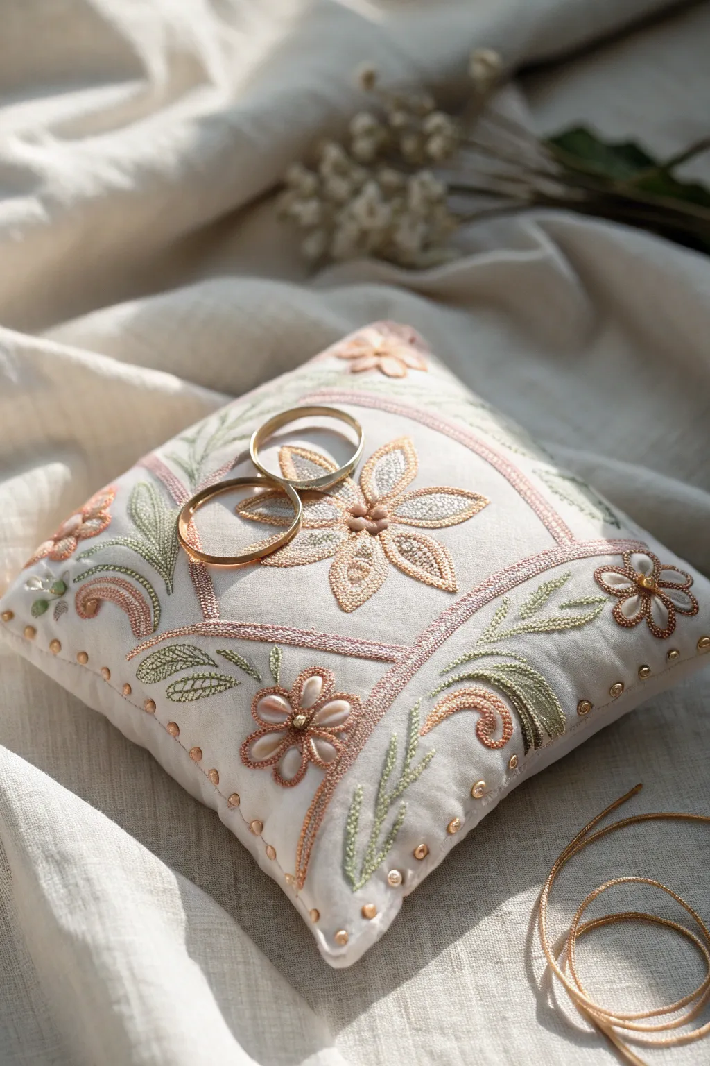 A touch of elegance: this embroidered ring bearer pillow captures the essence of your special day.