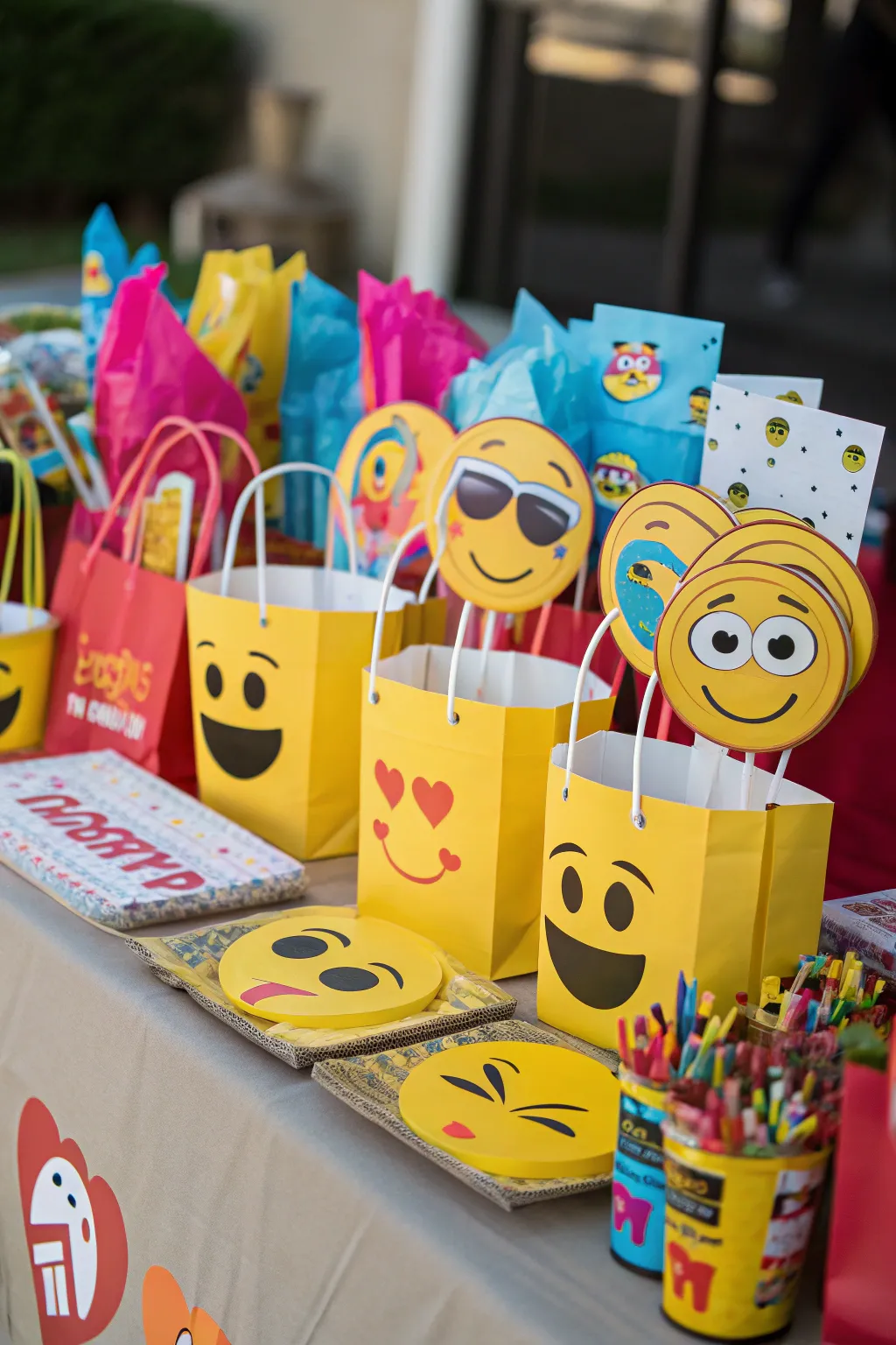 A delightful array of emoji-themed party favors for guests to enjoy.